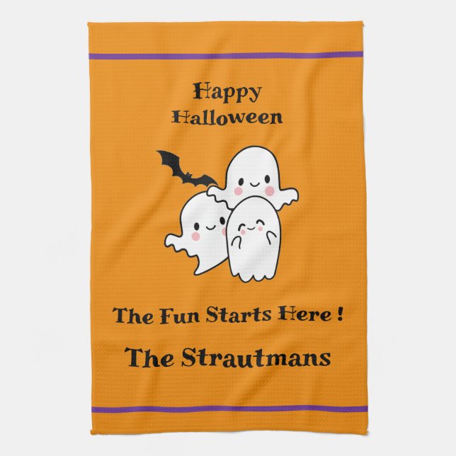 Happy Halloween Fun PERSONALIZE Ghost Bat Orange  Kitchen Towel (Vertical)