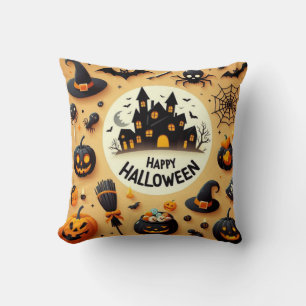 Happy Halloween Fun Spooky Mix & Haunted House Throw Pillow