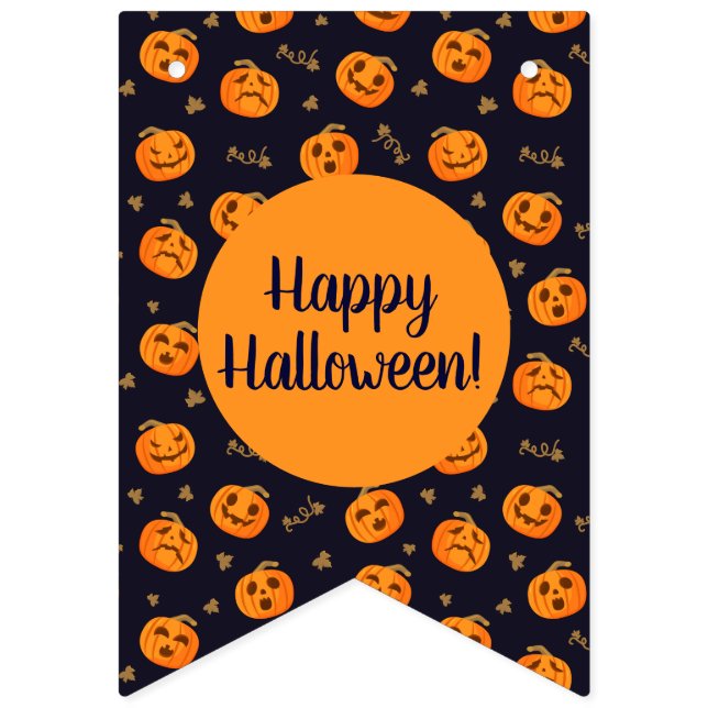 Happy Halloween Funny Cute Orange Pumpkins Pattern Bunting Flags (First Flag)