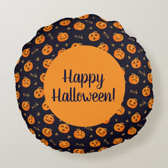 Happy Halloween Funny Orange Pumpkins Pattern Round Pillow (Back)
