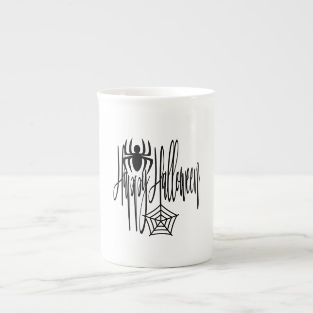 Happy Halloween Funny Scary Spider Cobweb Bone China Mug (Front)