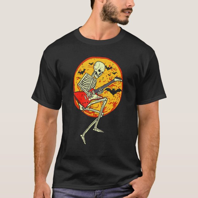 Happy Halloween Funny Skeleton Playing Guitar Pump T-Shirt (Front)