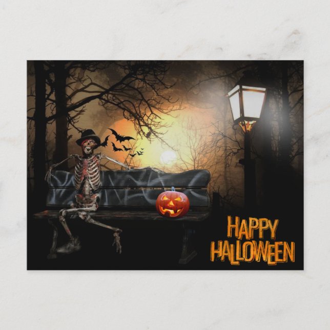 Happy Halloween Funny Spooky Skeleton on the Bench Holiday Postcard (Front)