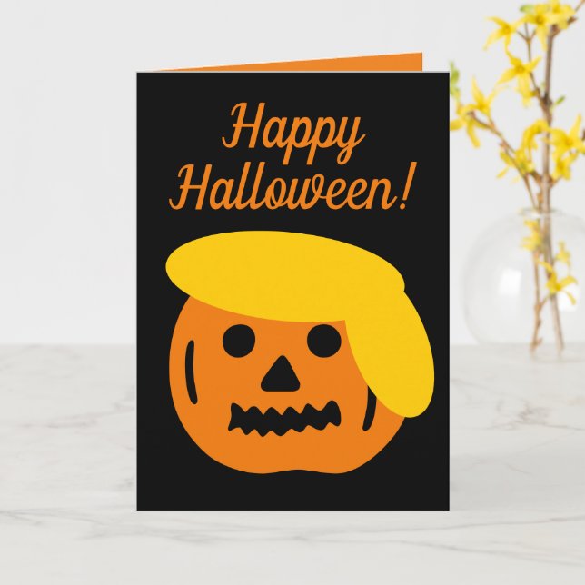 Happy Halloween funny Trump pumpkin head cartoon Card (Yellow Flower)