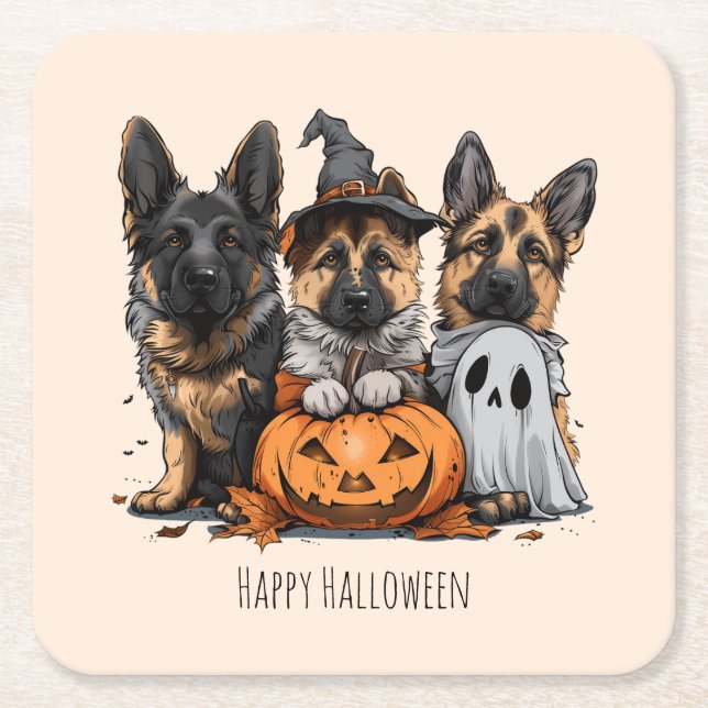 Happy Halloween German Shepherd Dogs Square Paper Coaster (Front)