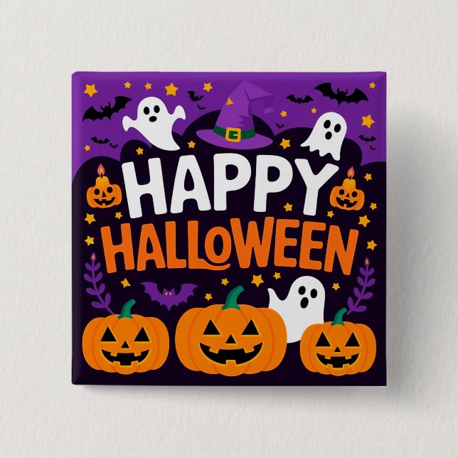 Happy halloween ghost 2 inch square button (Front)