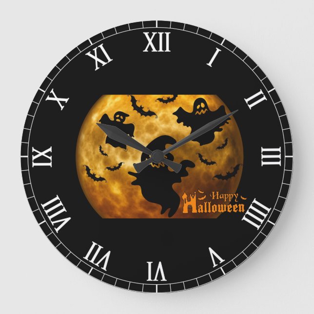 Happy Halloween Ghost and Bats Large Clock (Front)