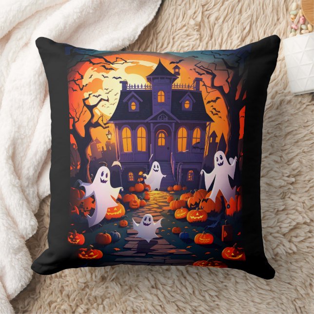 Happy Halloween Ghost And Haunted House Throw Pillow (Blanket)