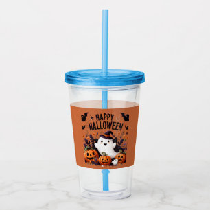 Happy Halloween Ghost and Pumpkins Fun Art Tee Acrylic Tumbler