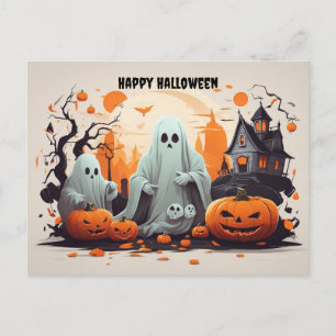 Happy Halloween Ghost and Pumpkins Holiday Postcard