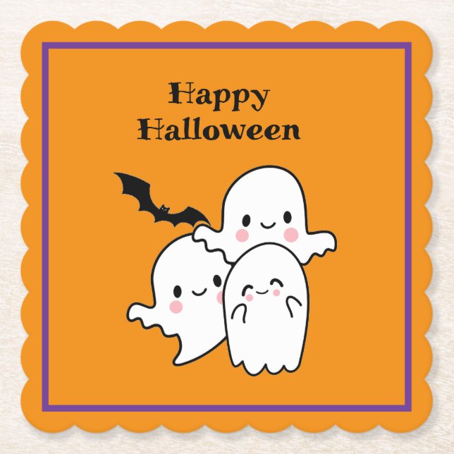 Happy Halloween Ghost Bat Orange Purple Paper Coaster (Front)