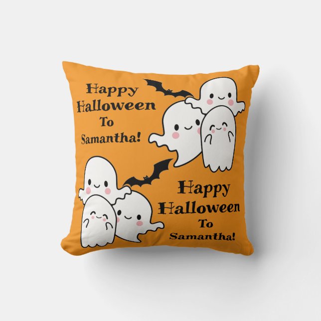 Happy Halloween Ghost Bat Orange Throw Pillow (Front)