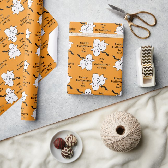 Happy Halloween Ghost Bat Orange Wrapping Paper (Crafts)