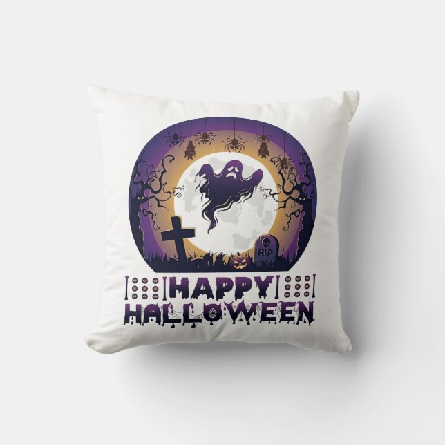 Happy Halloween Ghost Bats Spiders_1 Throw Pillow (Front)