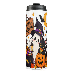 Happy Halloween Ghost & Black Cat Pumpkin Thermal Tumbler