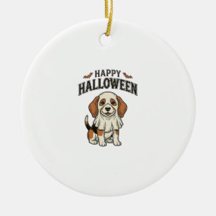 Happy Halloween Ghost Dog Vintage Engraving Shirt_ Ceramic Ornament