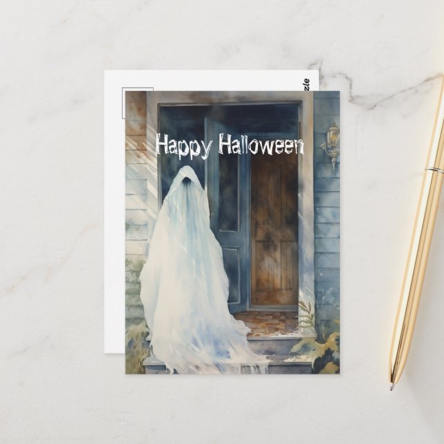 Happy Halloween Ghost Entering House Postcard (Front/Back In Situ)