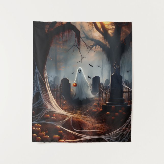 Happy Halloween Ghost In a Graveyard Tapestry (Front)