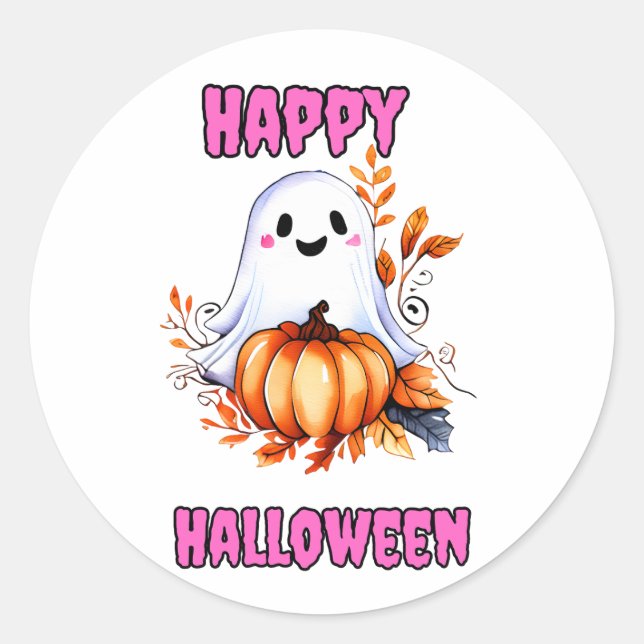 Happy Halloween Ghost - Pink Classic Round Sticker (Front)