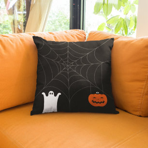 Happy Halloween Ghost & Pumpkin Spider Web Throw Pillow