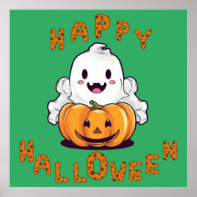 Happy Halloween Ghost sitting on a pumpkin Poster