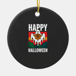 Happy Halloween Ghost Spiderweb Retro Ceramic Ornament