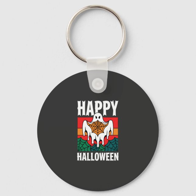 Happy Halloween Ghost Spiderweb Retro Keychain (Front)
