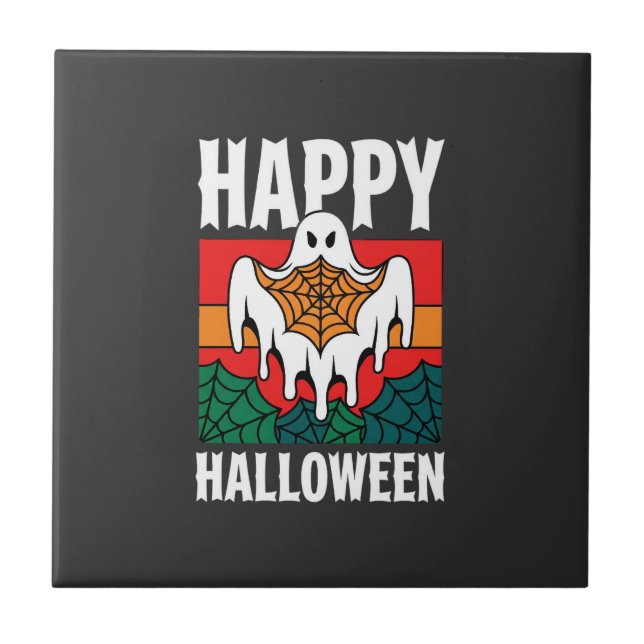 Happy Halloween Ghost Spiderweb Retro Tile (Front)