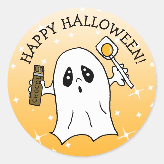 Happy Halloween Ghost with Candy Bar Classic Round Sticker (Front)