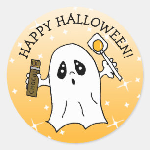 Happy Halloween Ghost with Candy Bar Classic Round Sticker