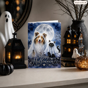Happy Halloween Ghosts Collie & Cat  Folded Card