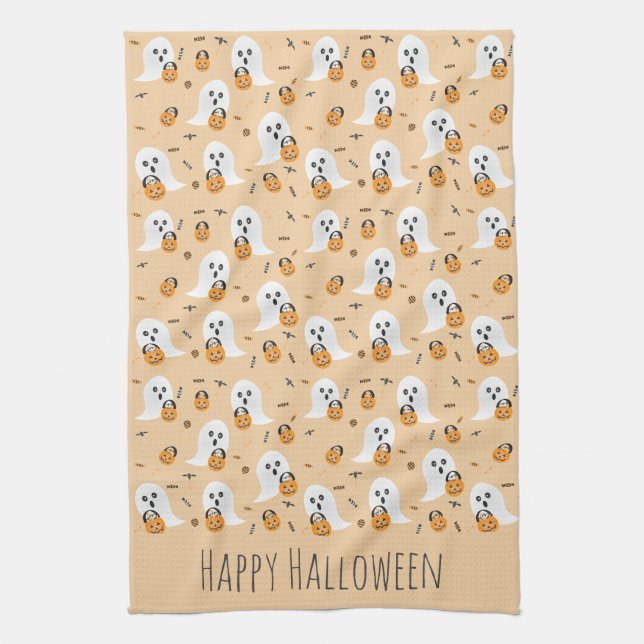 Happy Halloween Ghosts Trick Or Treating Pattern Kitchen Towel (Vertical)