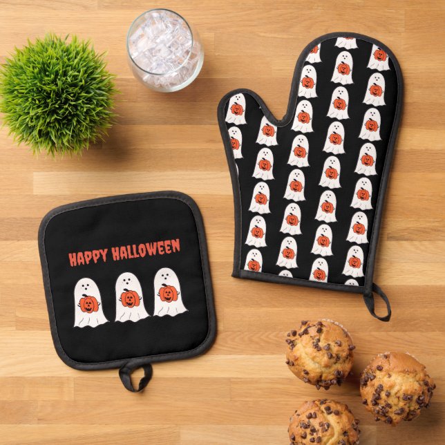 Happy Halloween Ghosts with Jack-o-Lanterns Oven Mitt & Pot Holder Set (Top Down)