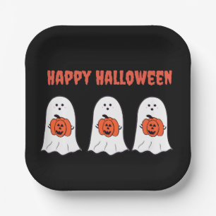 Happy Halloween Ghosts with Jack-o-Lanterns Paper Plate
