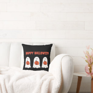 Happy Halloween Ghosts with Jack-o-Lanterns Throw Pillow
