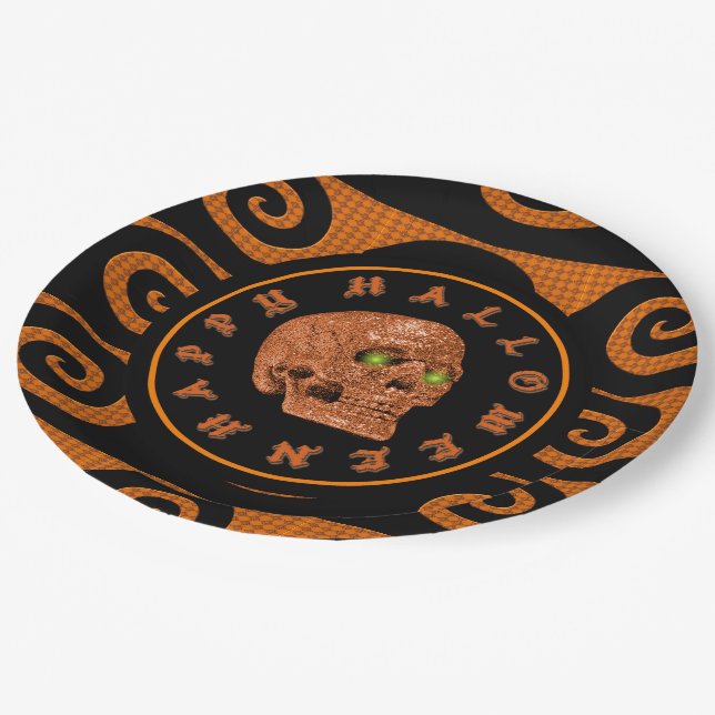 Happy Halloween Glitter Skull Paper Plates (Angled)