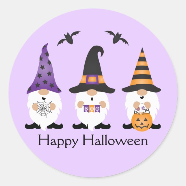 Happy Halloween Gnomes Purple Orange  Classic Round Sticker (Front)