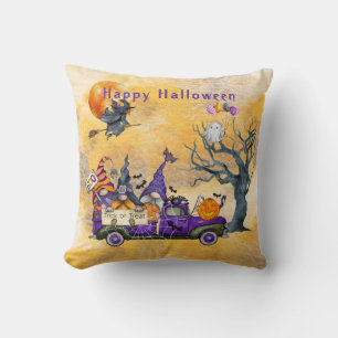 Happy Halloween Gnomes Witch Cat Dog & Ghost Throw Pillow