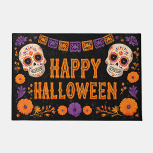Happy Halloween Gold Sugar Skull with Marigolds Doormat