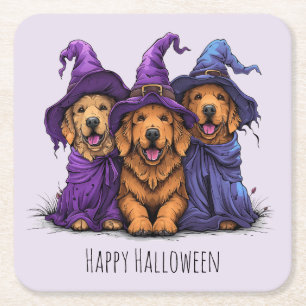Happy Halloween Golden Retriever Dogs Witches Square Paper Coaster