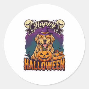 Happy Halloween Golden Retriever Witch Hat Pumpkin Classic Round Sticker