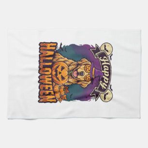 Happy Halloween Golden Retriever Witch Hat Pumpkin Kitchen Towel