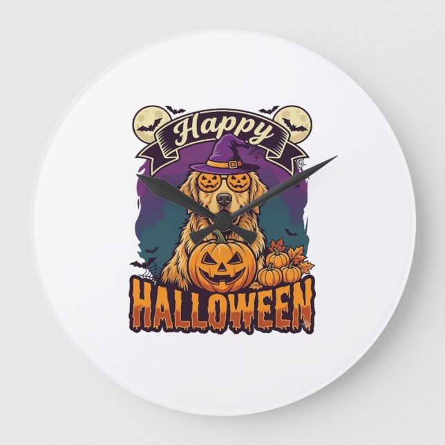 Happy Halloween Golden Retriever Witch Hat Pumpkin Large Clock (Front)