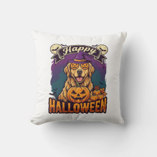Happy Halloween Golden Retriever Witch Hat Pumpkin Throw Pillow