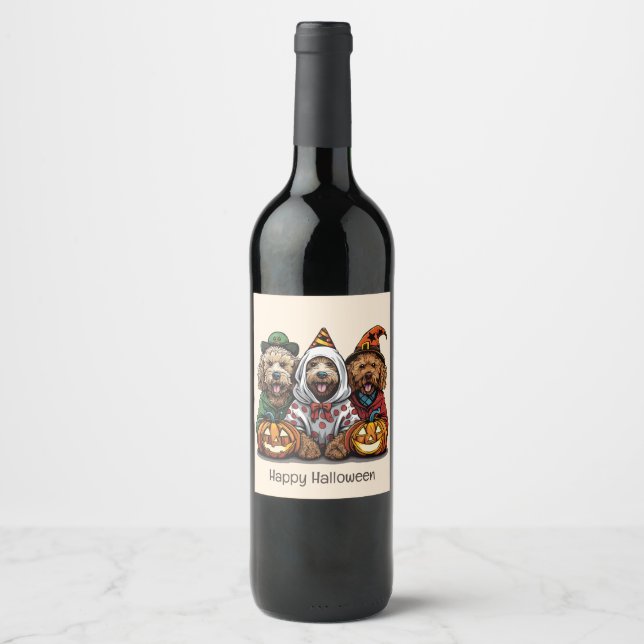 Happy Halloween Goldendoodle Dogs Wine Label (Front)