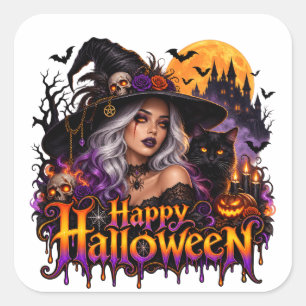 Happy Halloween Gothic Witch Square Sticker
