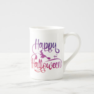 Happy Halloween gradient flying witch cat Bone China Mug