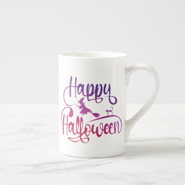 Happy Halloween gradient flying witch cat   Bone China Mug (Right)
