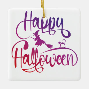 Happy Halloween gradient flying witch cat Ceramic Ornament