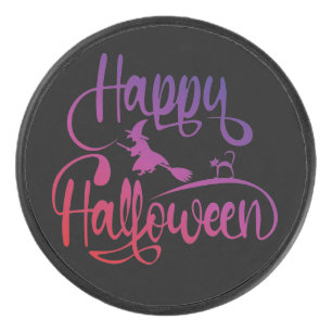 Happy Halloween gradient flying witch cat Hockey Puck